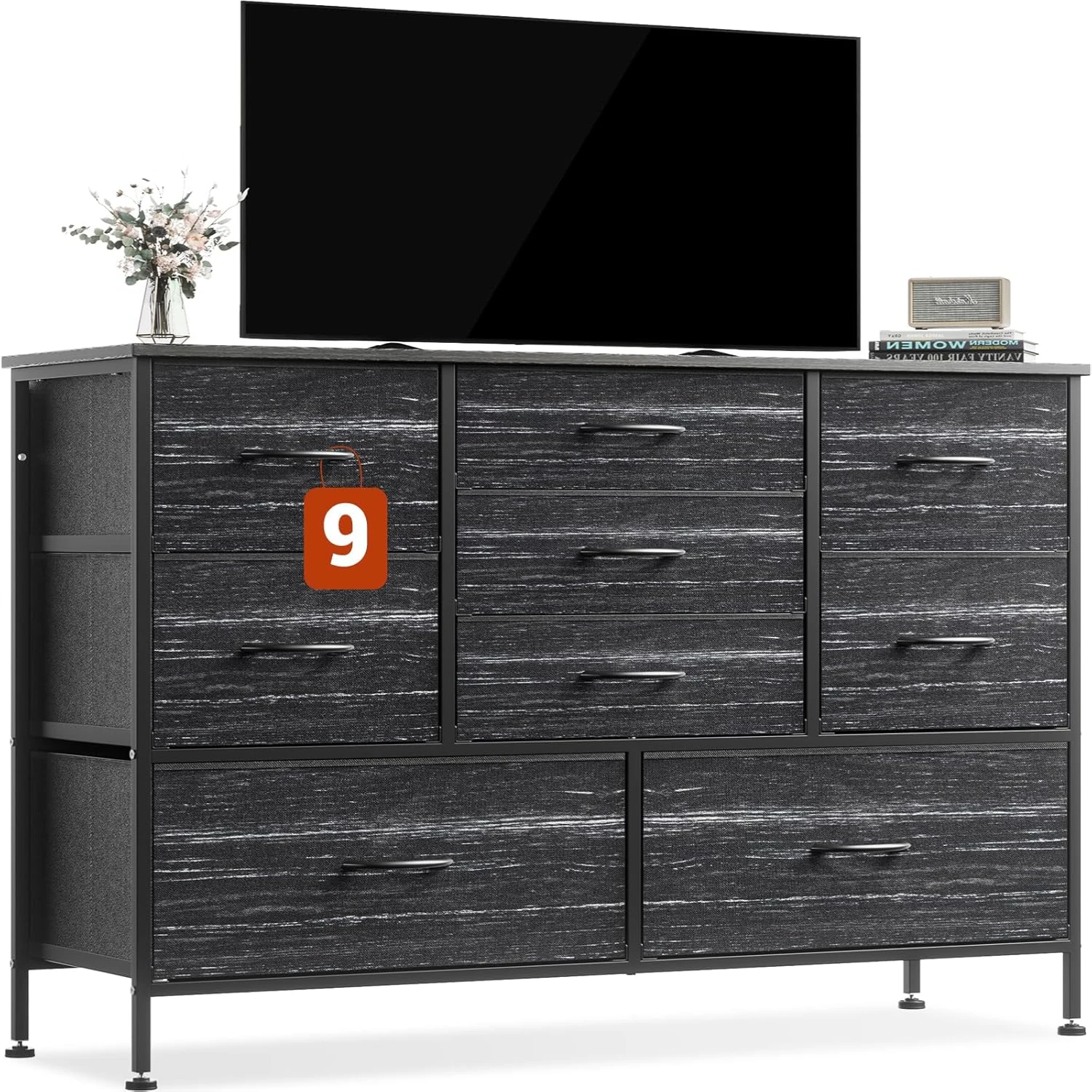 

Wide Dresser TV Stand for 55\u201D TV, Entertainment Center with 9 Fabric Drawers, Organizer Unit for Bedroom, Living Room, Clo