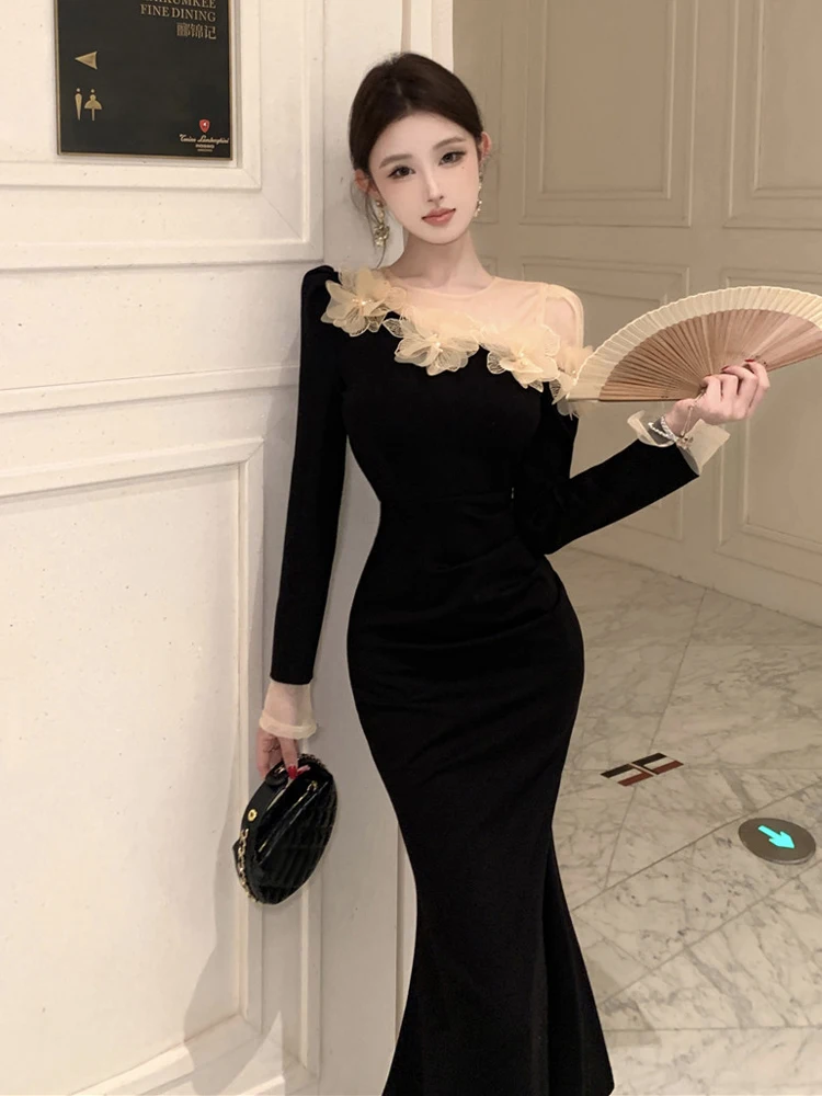 レトロな3D花柄ブラックロングスリーブドレス、セクシーなシースルーメッシュスプライス、スリムフィットボディコン、マーメイドヘムドレス、パーティー、プロム、ベスティド、ローブ、ガウン