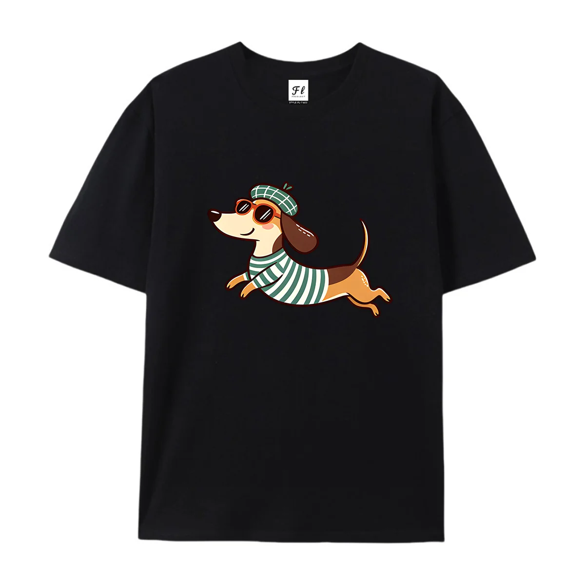 Unisex Cute Dachshund Wearing Beret Sunglasses Graphic Tshirt Summer O Neck Short Sleeve Casual Cartoon Dog Print Soft Cotton