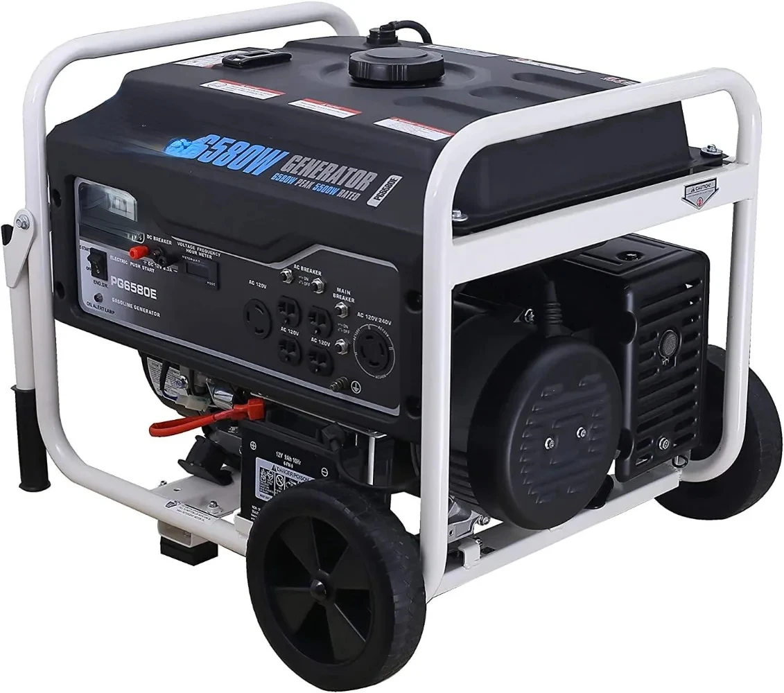 PG6580E Portable Generator, Black&White Strong 274cc, 8 HP engine protected by a durable powder coated frame