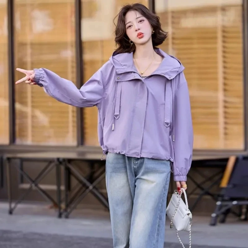 Paars windjack dames korte jas nieuwe lente herfst high-end rits capuchon vrouwelijke casual wilde losse geul uitloper