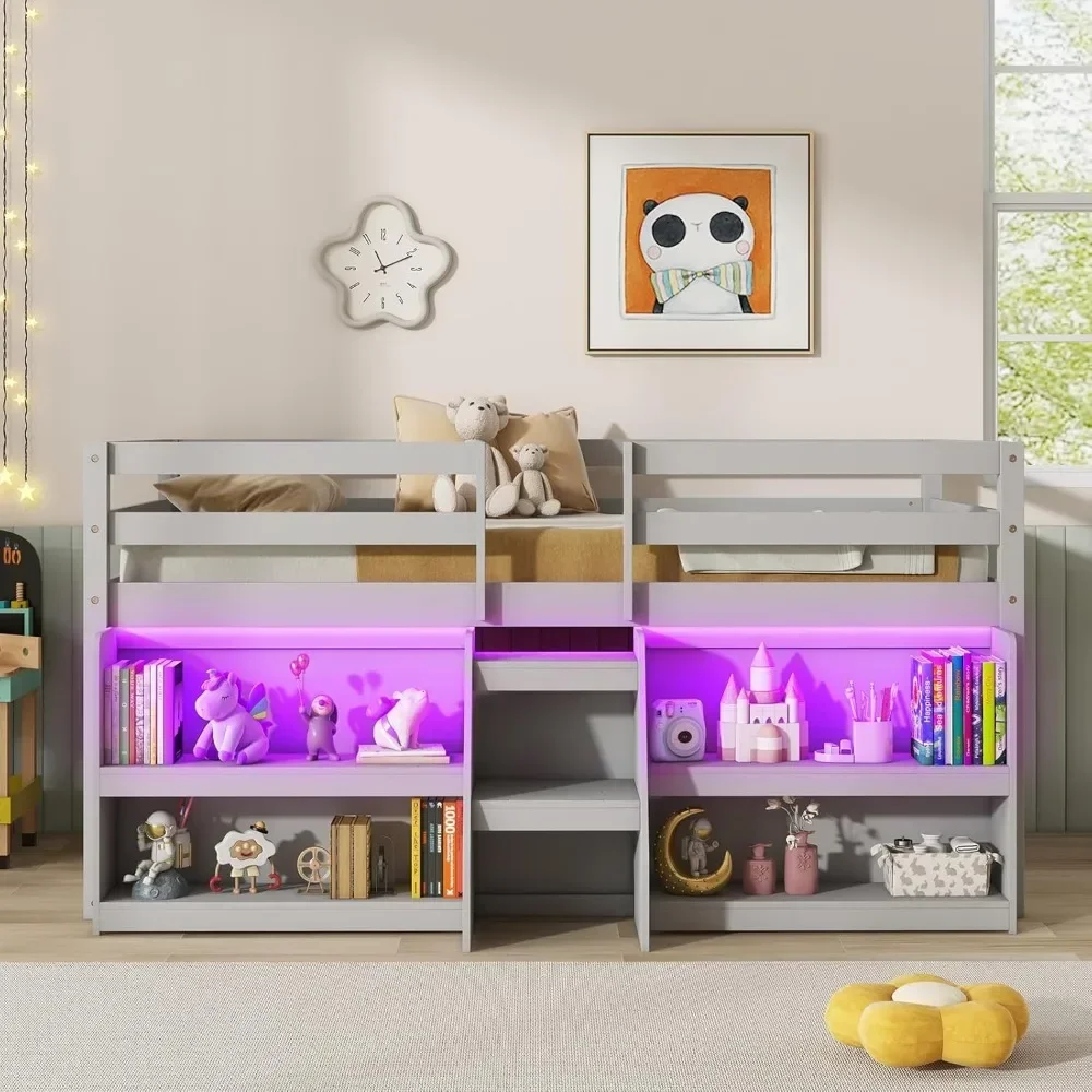 Wooden Twin Loft Bed with Stairs & Safety Guardrail, Loft Bed Twin Size with Storage Bookcase and Under-Bed Play Space