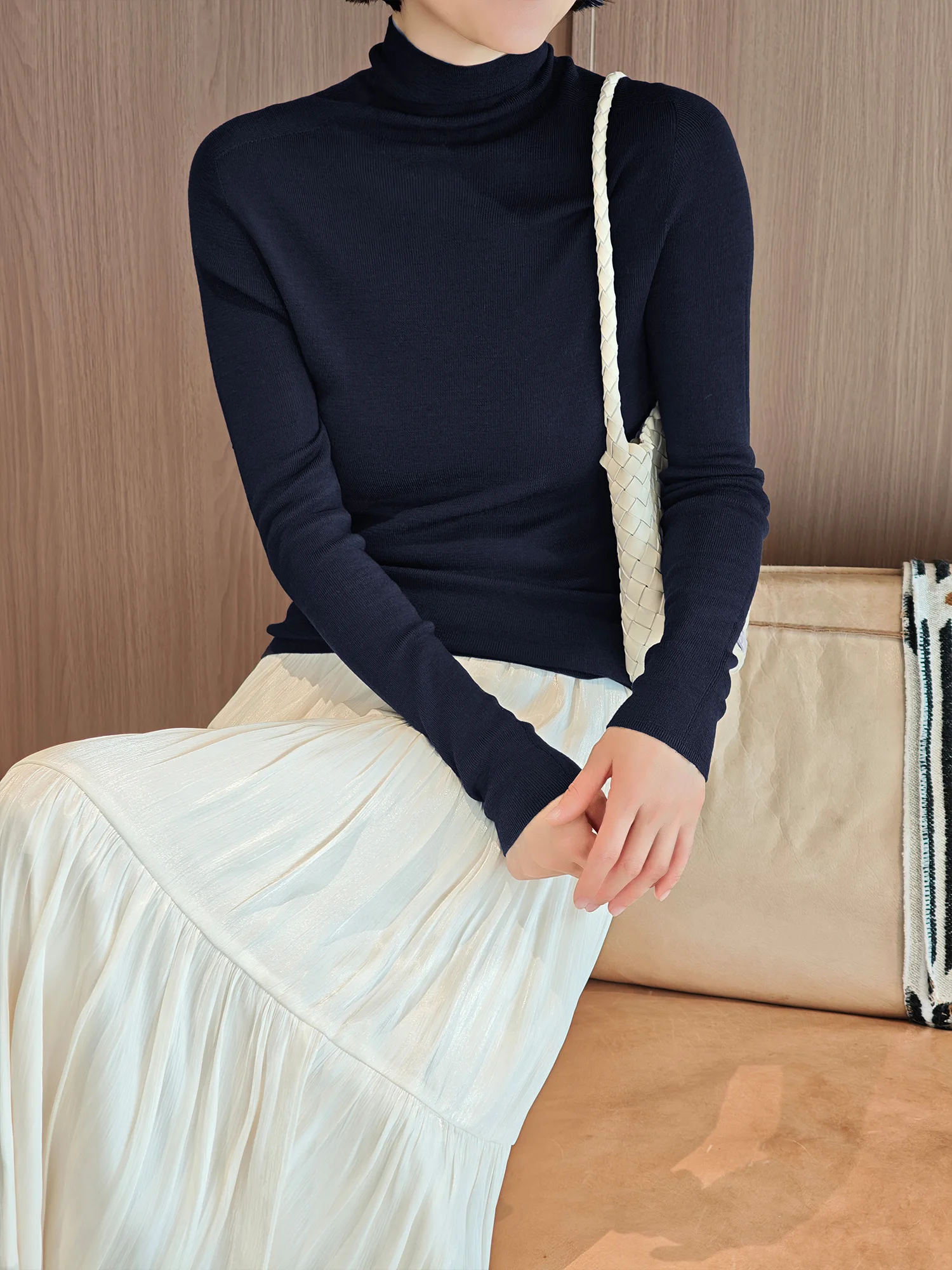 

Slim Fit Sl One-Piece 00 Wool Knitted Sweater Dual Collar Sle Women's Casual Wear Comfortable Soft Long Sve Top