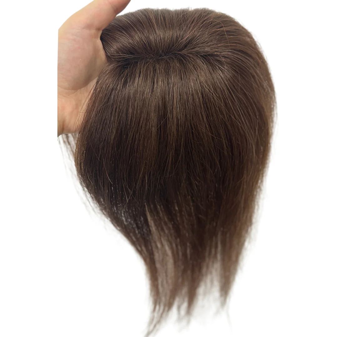 Topper Rambut Asli Swiss Lace yang Bernapas untuk Wanita, Warna Cokelat Tua dengan Poni, Topper Garis Rambut dengan Klip untuk Menutupi Rambut Menipis
