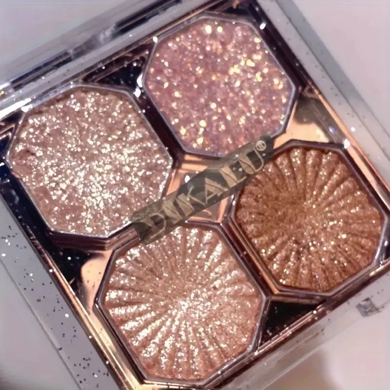 Shimmering Diamond Glitter 4-Color Eyeshadow Palette, Luxurious Pearly Luminous Grey-Brown Shades, High Fashion Eye Makeup