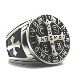 Religious Saint Benedict Cross Ring Antique Silver Plated Metal Catholic Exorcism Church Men Jewelry Gift Wholesale