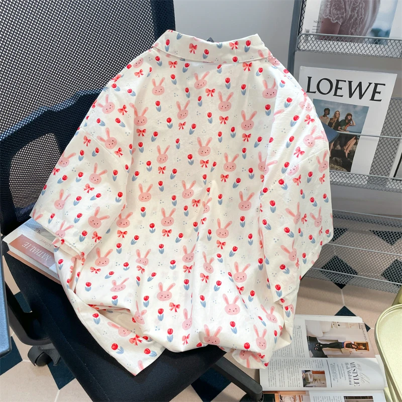 Japanese Kawaii Bunny Flower Print Shirt Women Sweet Loose Short Sleeve Top Summer Fashion 2024 Korean Chic Button Rabbit Blouse