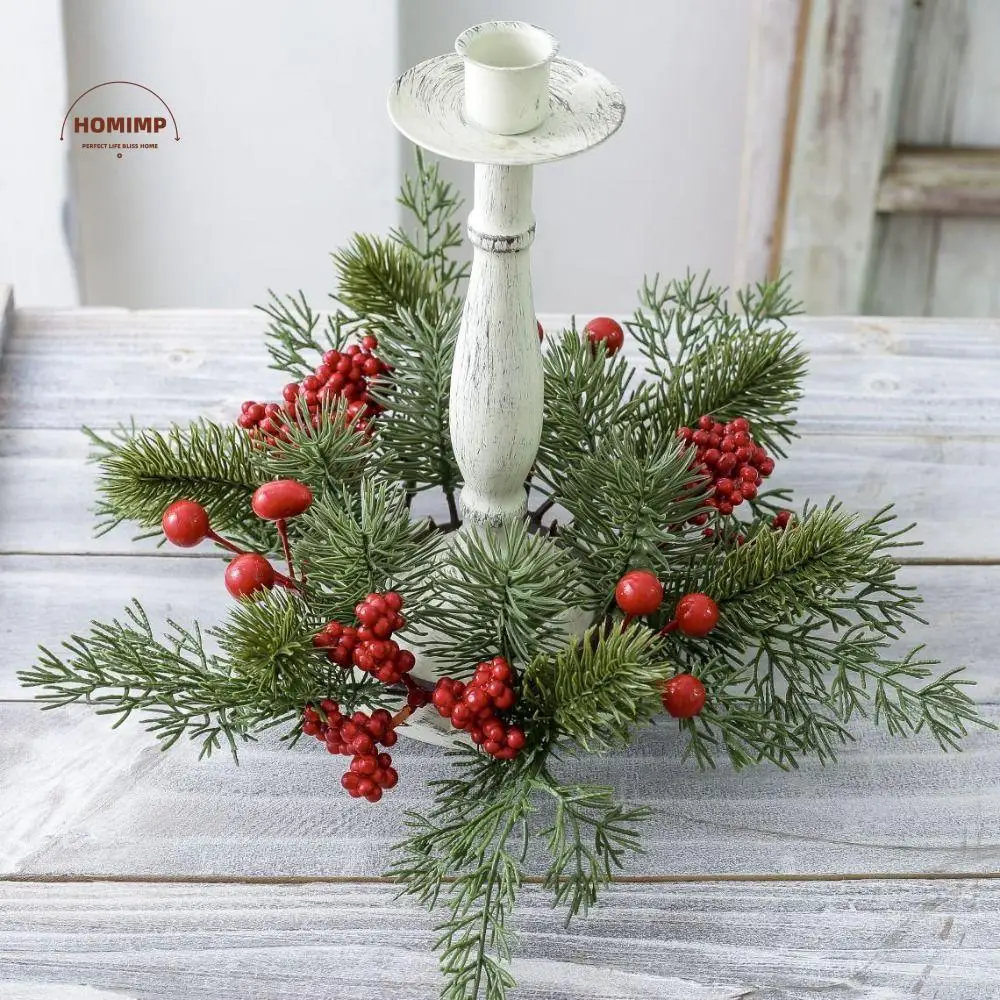 

Artificial Flower Candle Wreath 25CM Red Fruit Candle Rings Pine Needle Romantic Candlestick Wreath Christmas Decor