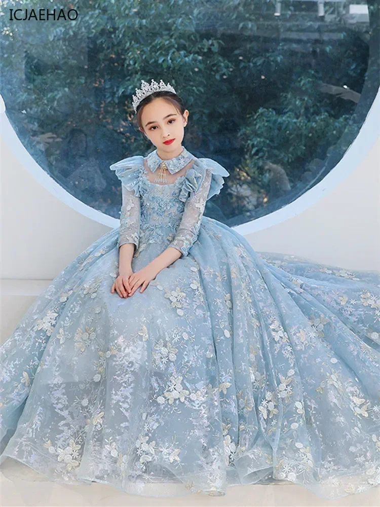 

2025 Wedding Embroidery Dresses Girls First Communion Dress Kid Piano Performance Vestido Children Elegant Pageant Ball Gown