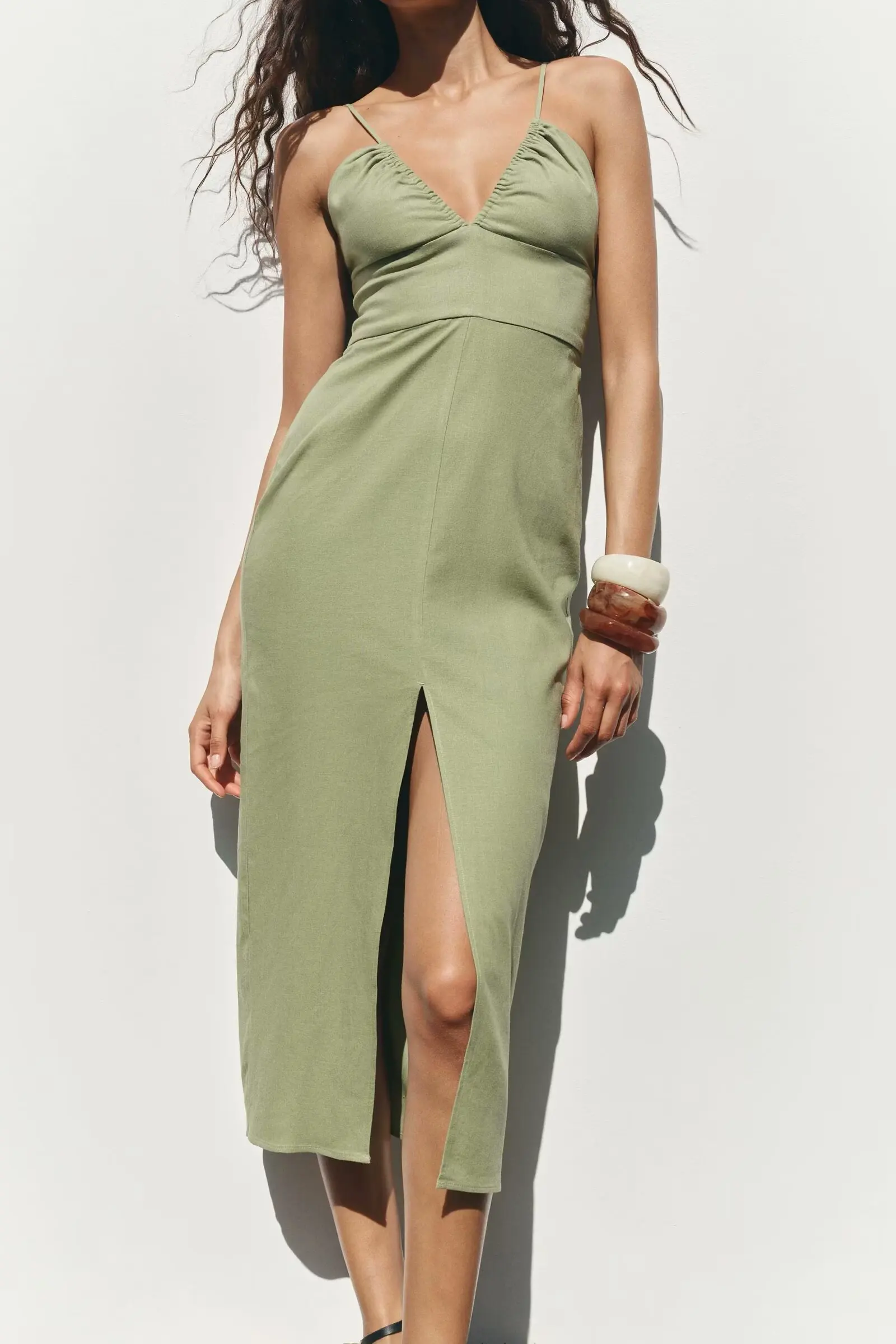 

European and American style 2025 new linen blended V-neck backless suspender dress