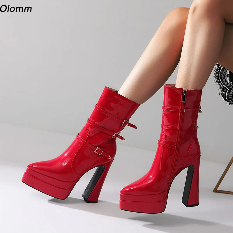 

Olomm New Fashion Women Platform Ankle Boots Patent Block Heels Pointed Toe Beautiful Red Nude Party Shoes Ladies US Size 5-10.5