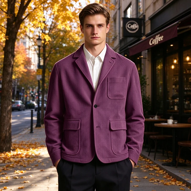 Men's Corduroy Blazer Notched Lapel 2 Button Slim Fit Suit Jacket Lightweight Multi Pocket Business Casual For Daily Wear Office