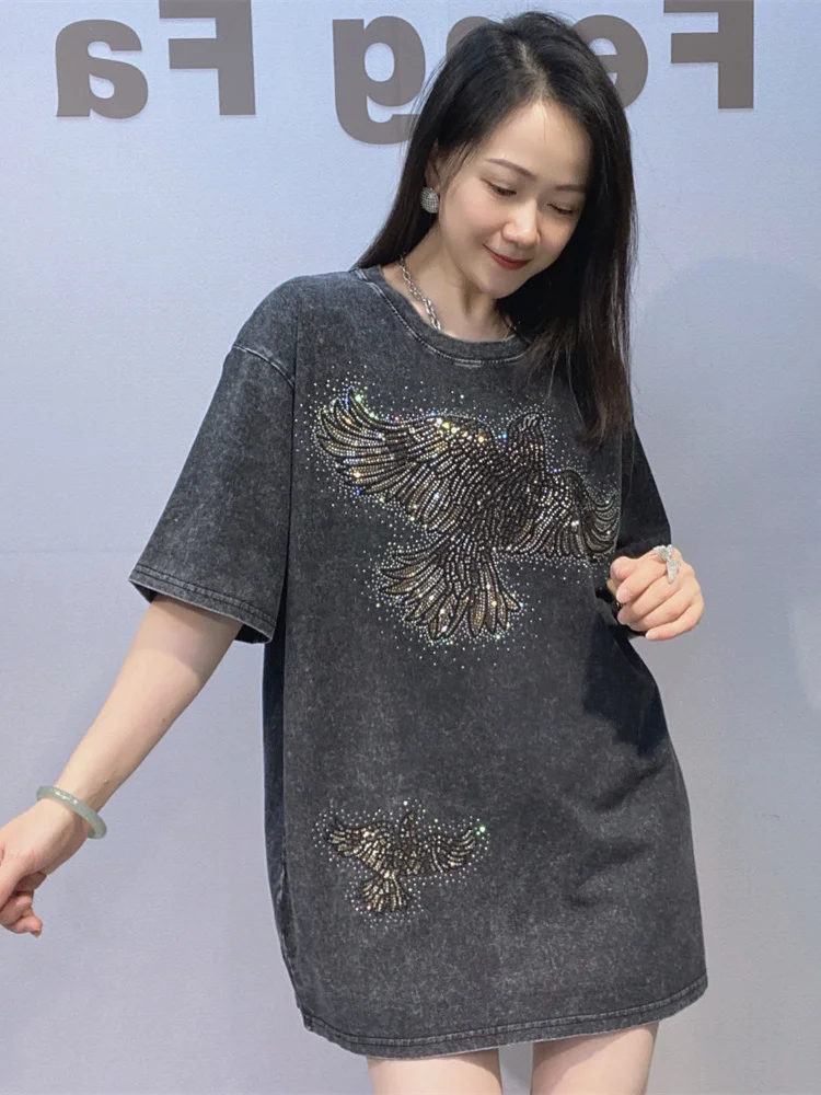 

New plus Size ex Tie Dye Rhinestone round Ne ort Sve Cool T-irt Summer Couple's Faion Diamond Top Casual Cotton