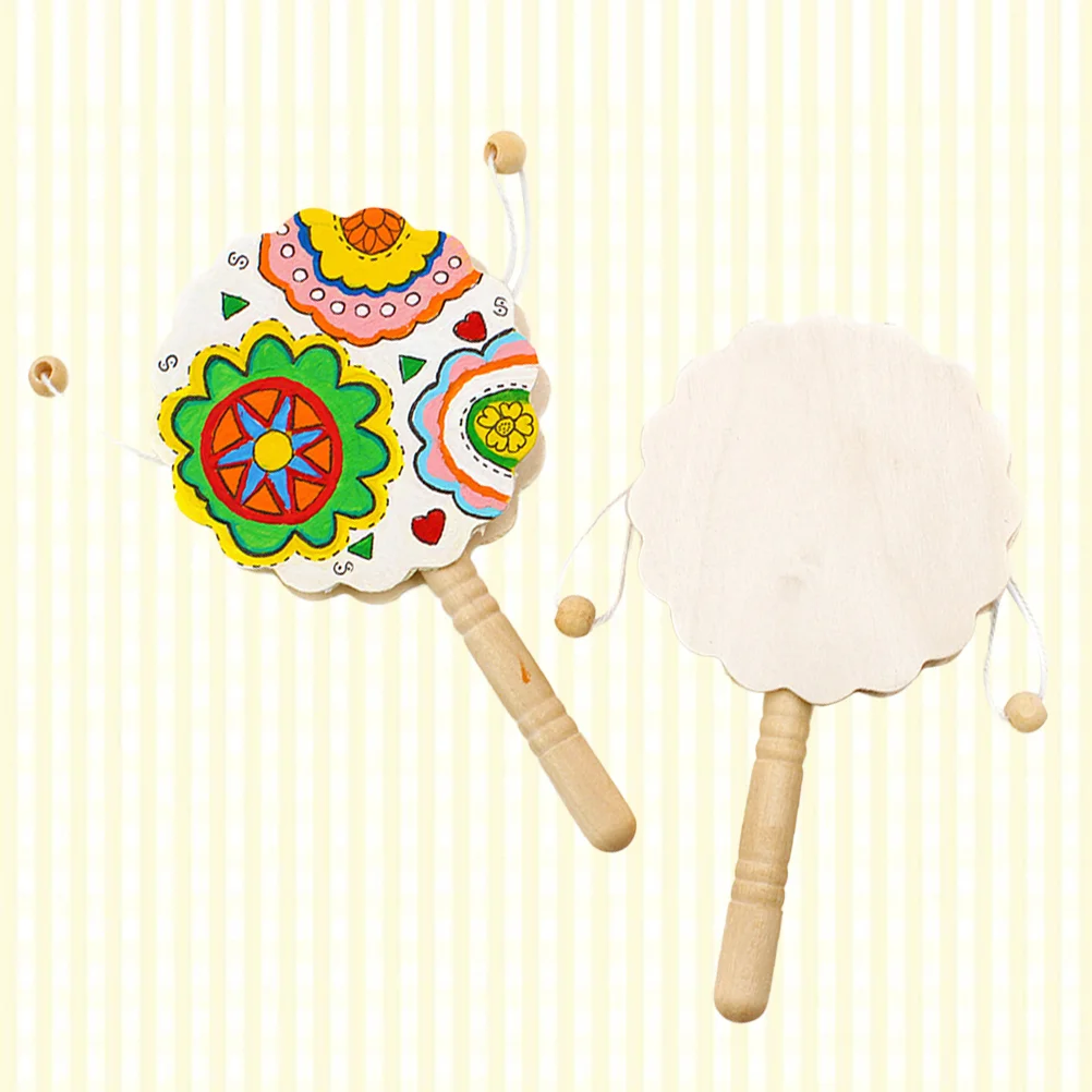 2 PC A Drum-shaped Kid Music Toys Graffiti Hand Crank Pellet Wooden Child