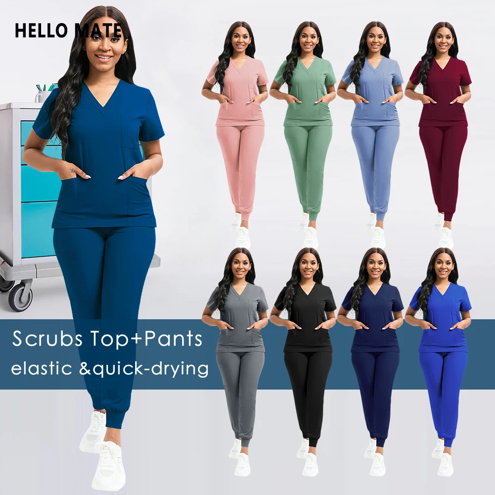 Hot Sale Multiple Pockets Workwear Medical Uniform Women Men Scrubs Set 2 Piece Nursing Surgical Uniform V-neck Top+Jogger Pants