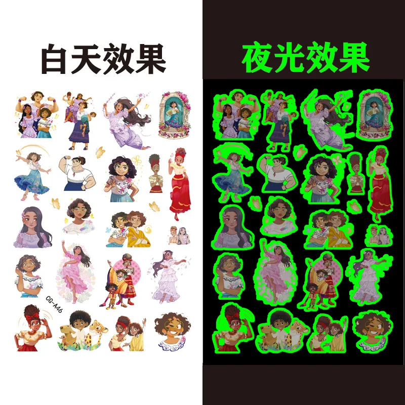 Luminous Encanto Tattoo Stickers para crianças, anime dos desenhos animados, tatuagens temporárias, arte corporal, festa cosplay, brinquedos presentes para crianças, 1pc