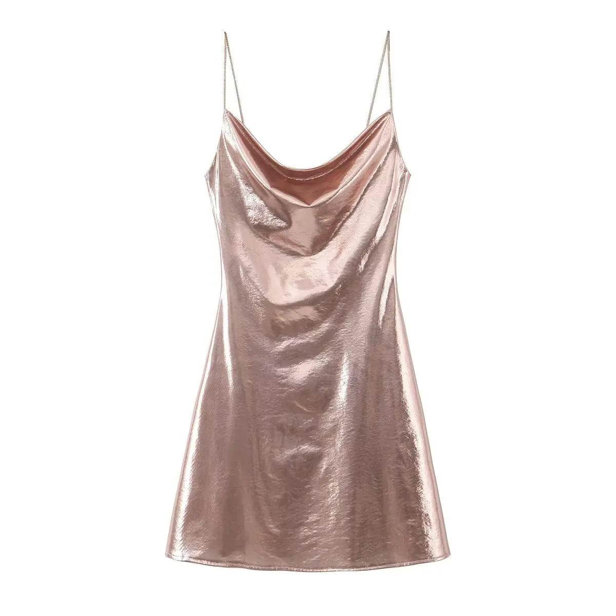 Summer Women Shinning Metallic Color Sling Mini Dress Female Chic Pleat Design Casual Slim Party Vestidos DS5000