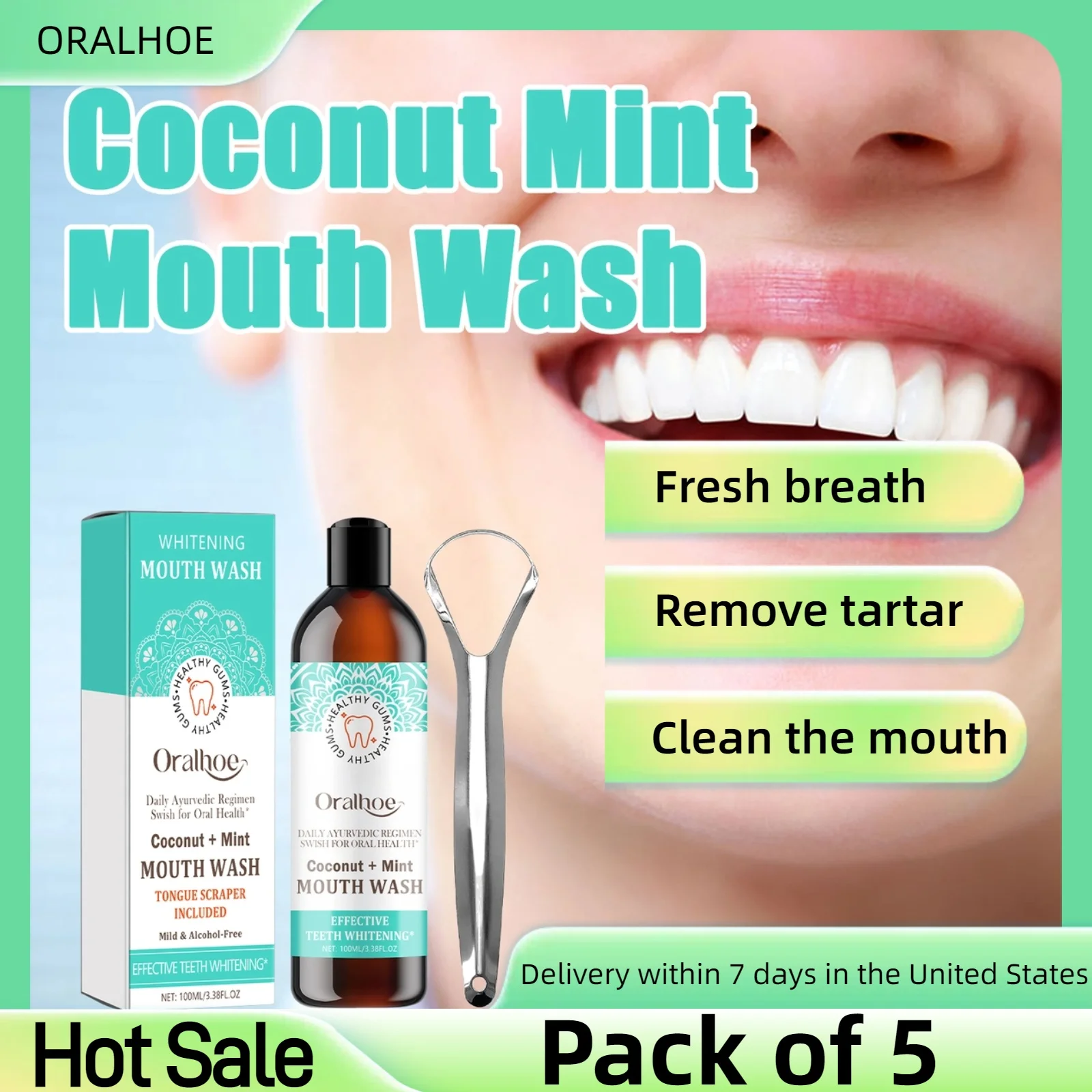 5pcs Mint mouthwash with tongue scraper can clean the mouth whiten teeth and remove tartar. Tongue cleaning and oral care tools