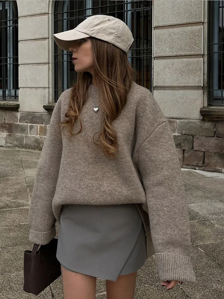 Feminino casual o pescoço de malha pulôver elegante sólido manga longa solta camisola curta 2025 outono inverno senhora rua malhas