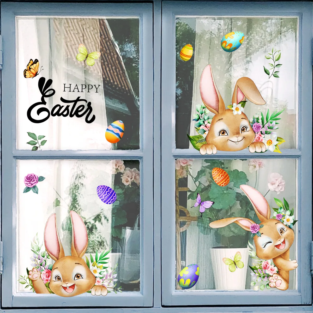 1set Happy Easter Window Stickers Cute Cartoon Rabbit Easter Eggs Flowers Glass Sticker Easter Decoration 2024 Spring Wall Decal