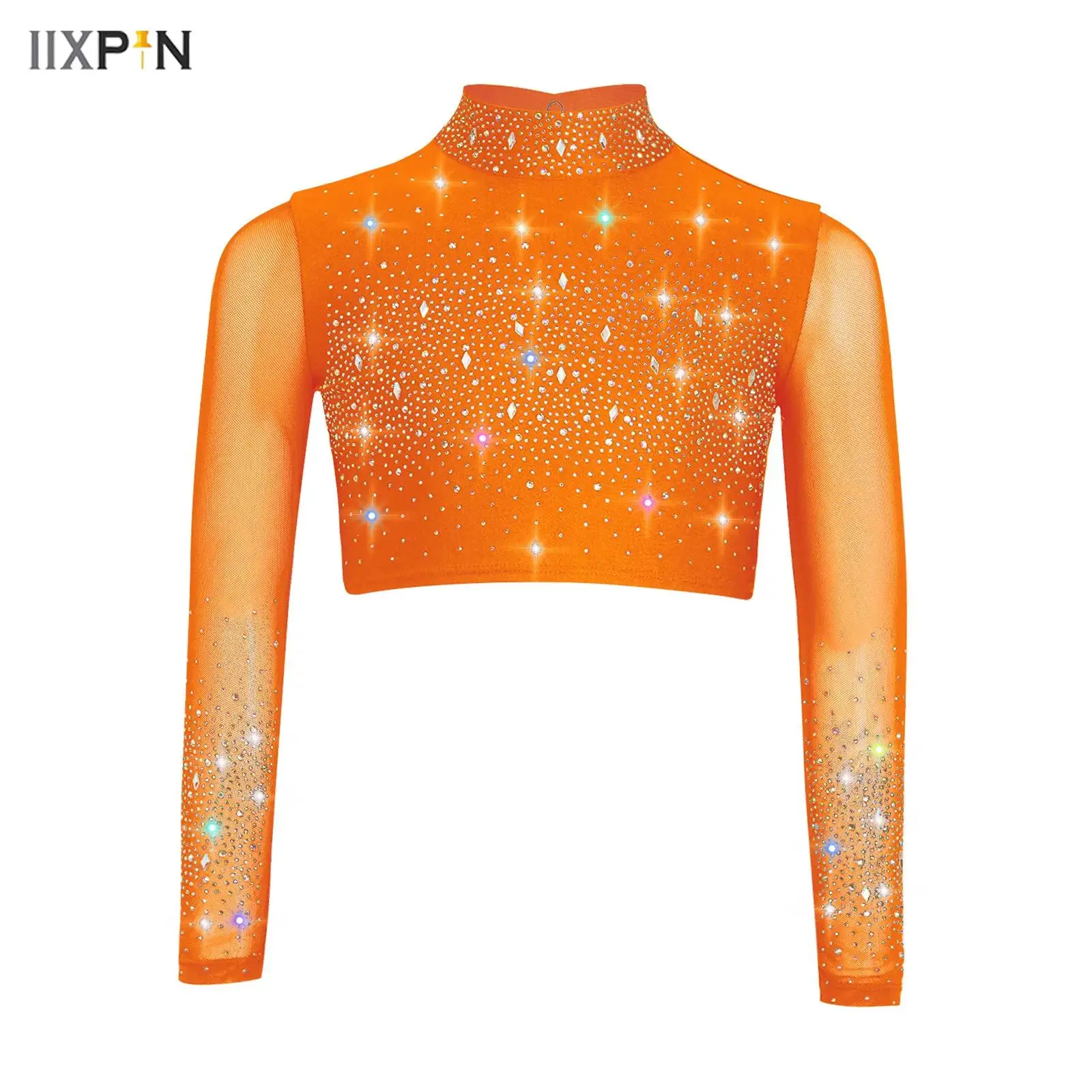 Top da ballo lirico per bambina, collo a lupetto, maglia trasparente, manica lunga, buco della serratura sul retro, strass lucidi, top corto, costume da ginnastica per balletto