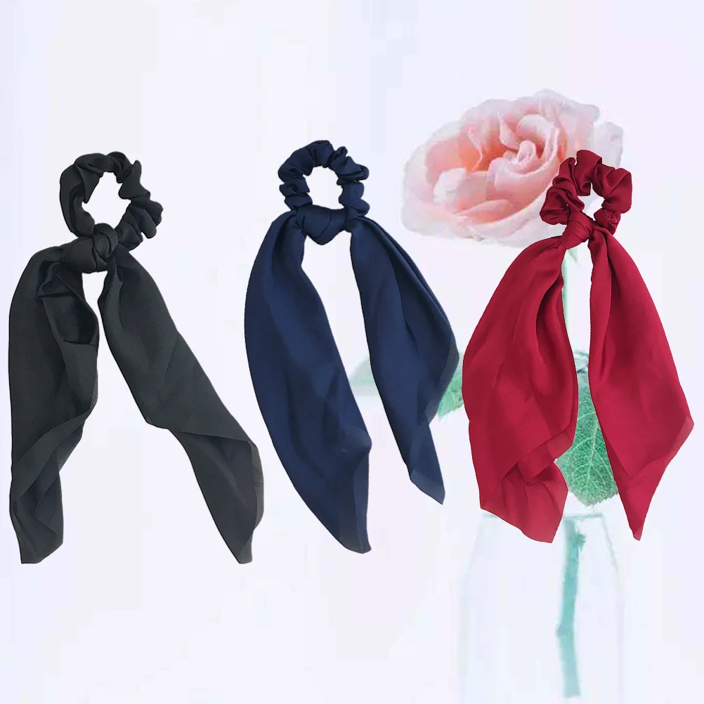 

3Pcs Solid Color Bowknot Hair Ties Elastic Ponytail Holders Stylish Hair Ropes For Women Girls Match Outfits Navy Blue Red Black