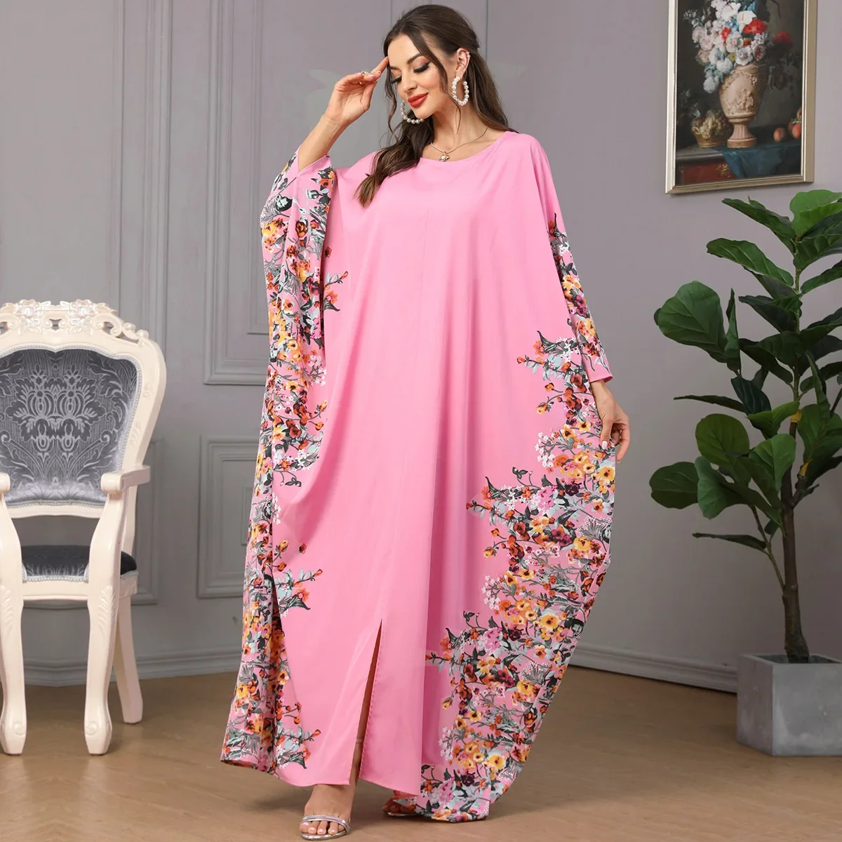 3422 Middle East Muslim Batwing Sleeve Cross-Border Trade Women's Clothing Arabic Dress Printing Abaya Dress