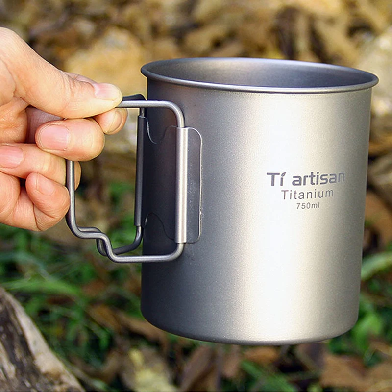 Tiartisan copo de titânio para acampamento, pote ultraleve para mochila 750ml, utensílios de mesa para piquenique para viagem ao ar livre, caneca de titânio com alça dobrável