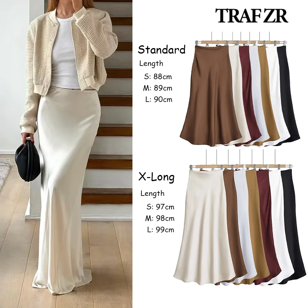 

TRAF ZR 2024 Autumn Harajuku Satin Effect Maxi Skirts Elegant Chic Draped Long Skirts Women Aesthetic High -waisted Flared Robes