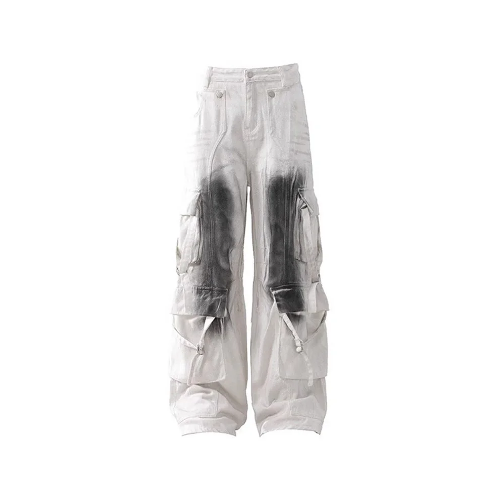 夏の新メンズコントラストカラーだぶだぶのジーンズマルチポケットオーバーオールレトロファッションカジュアルトレンドハイストリートヒップホップメンズボトムス