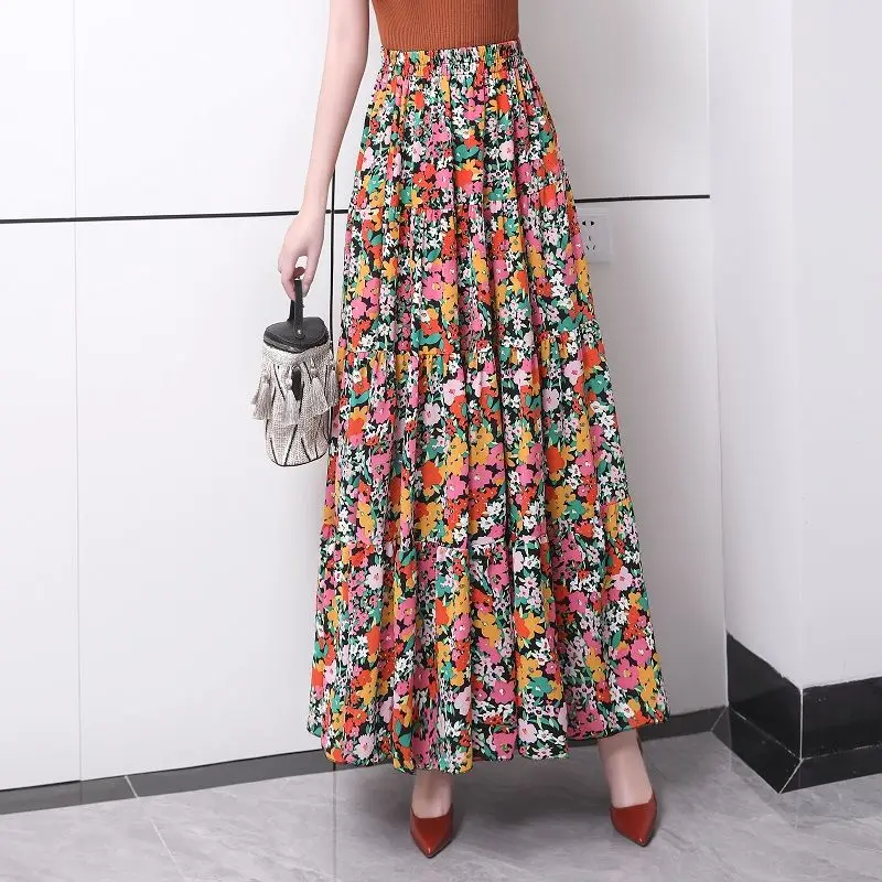 Spring Summer Sweet Floral Printed Maxi Long Chiffon Skirts Elastic Waist Flowers A-line Cakee Pleated Ankle Long Boho Skirts