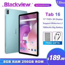 Blackview-Tableta Tab 16, 8GB + 256GB, 11 pulgadas, FHD + 2K, pantalla, Android 12, T616, Widevine L1, 7680mAh, cámara de 13MP, Dual, 4G