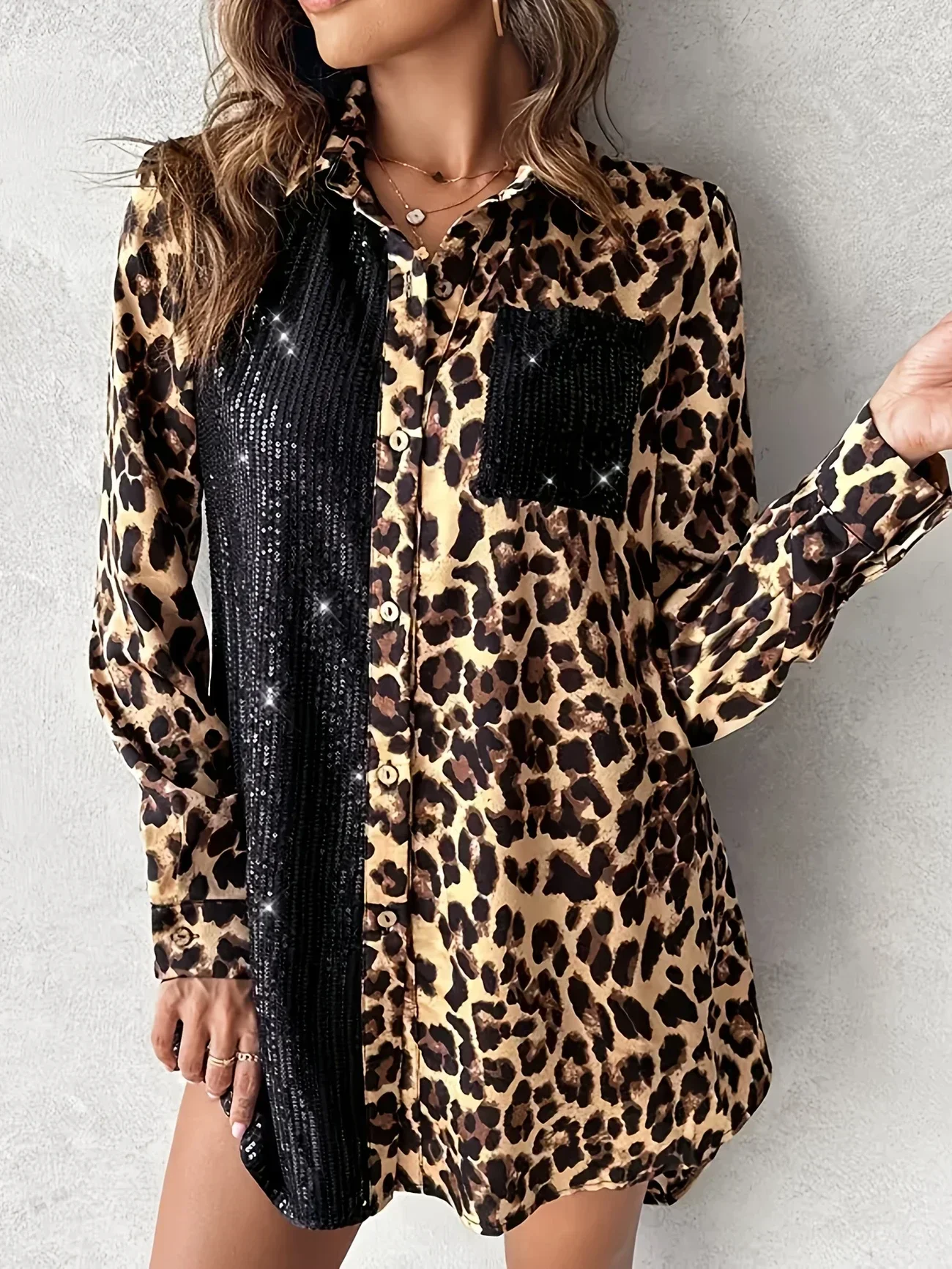 เดรสเชิ้ตแฟชั่นผู้หญิงไซส์ใหญ่ 1XL-5XL แขนยาว ลายเสือดาว แต่งระบายชายกระโปรง