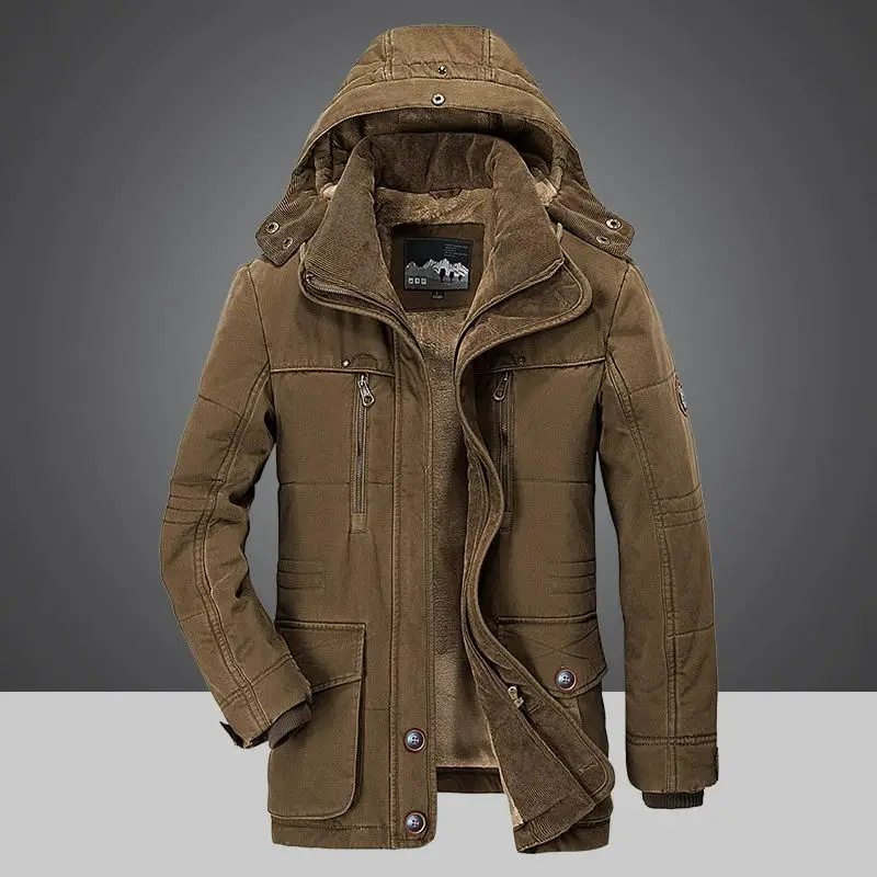 Men's Winter Jacket Parka Plus Velvet Thick Multi Pocket Jackets Solid Parkas Male Plus Size Windproof Fleece Warm Thick Coats