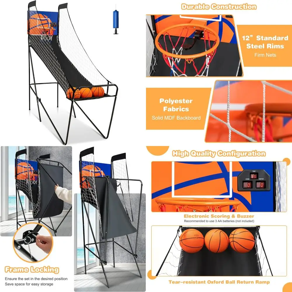 

Foldable Electronic Basketball Game with Scorer, Buzzer, 3 Balls, Pump, Ideal for Indoor Single Shot Play