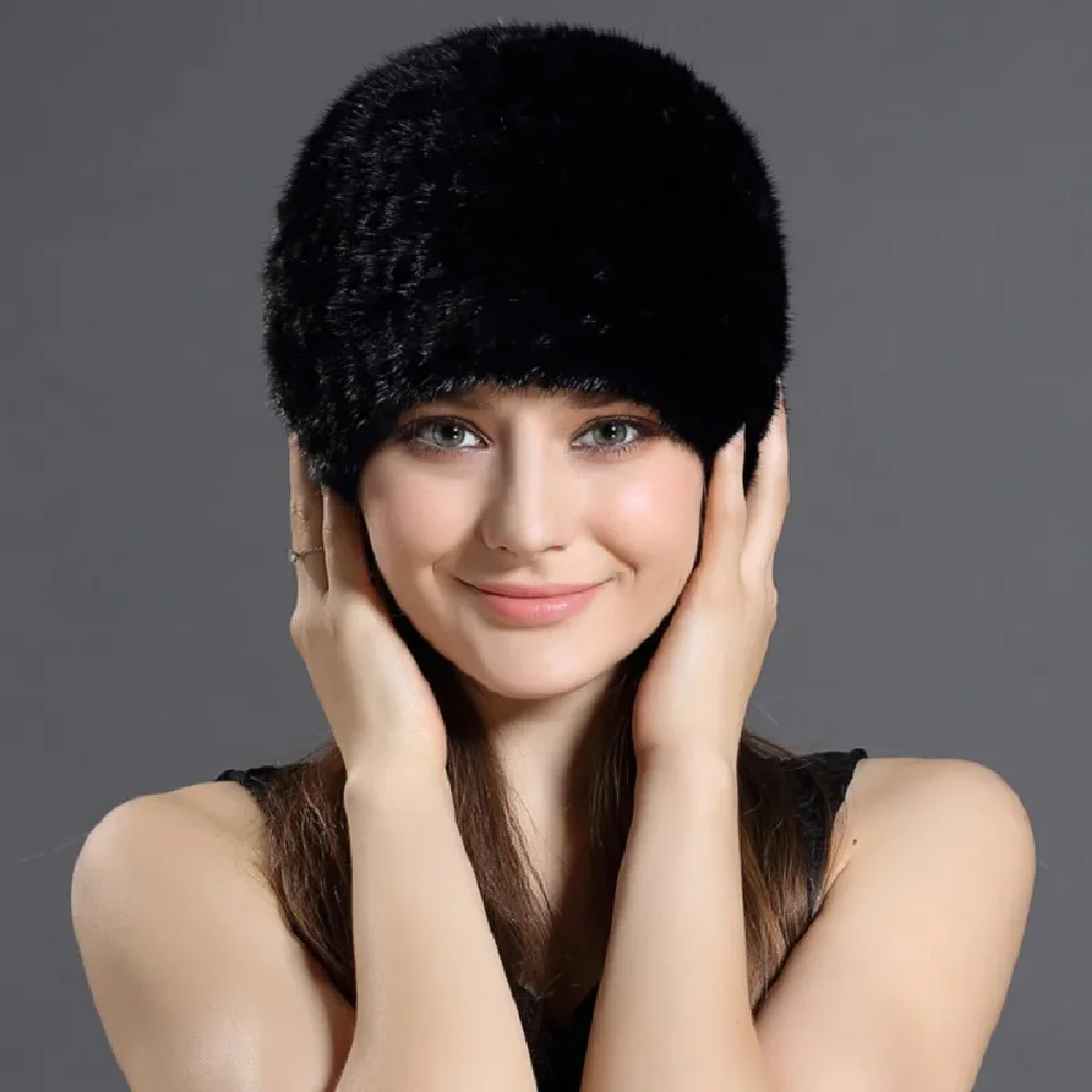 

Women's Real Mink Fur Hat Winter Warm Beanie Cap Outddor Ski Hat Dense weave Black Brown Wine