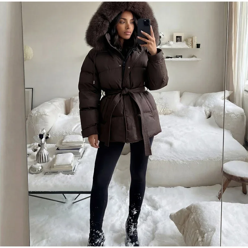 Kurze Damen-Winterjacke mit Kunstfellkapuze, Pelzkragen und Reißverschluss, Warme Outdoor-Bekleidung, Lässige Streetwear – Detail 11
