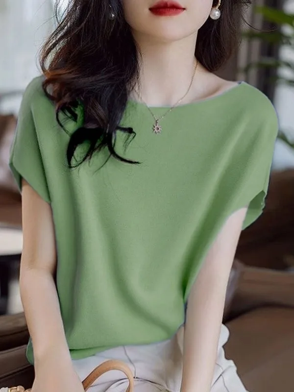 

Loose Batwing Sve Ice Silk Knitted Top Women's Summer Faion Outlet Store Soft Polyester Blend ort Sve T Top