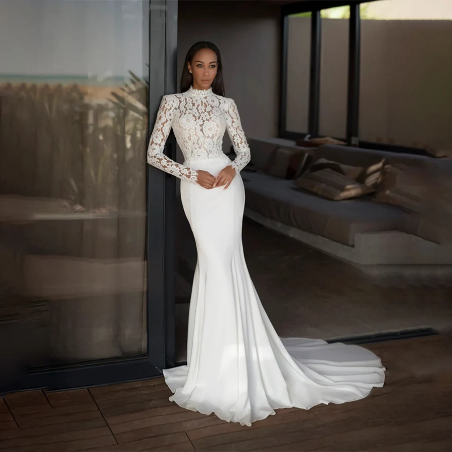 

Customized High Neck Lace For Top Long Sleeve Mermaid Wedding Dresses Backless Zipper Evening Gowns vestido de novia