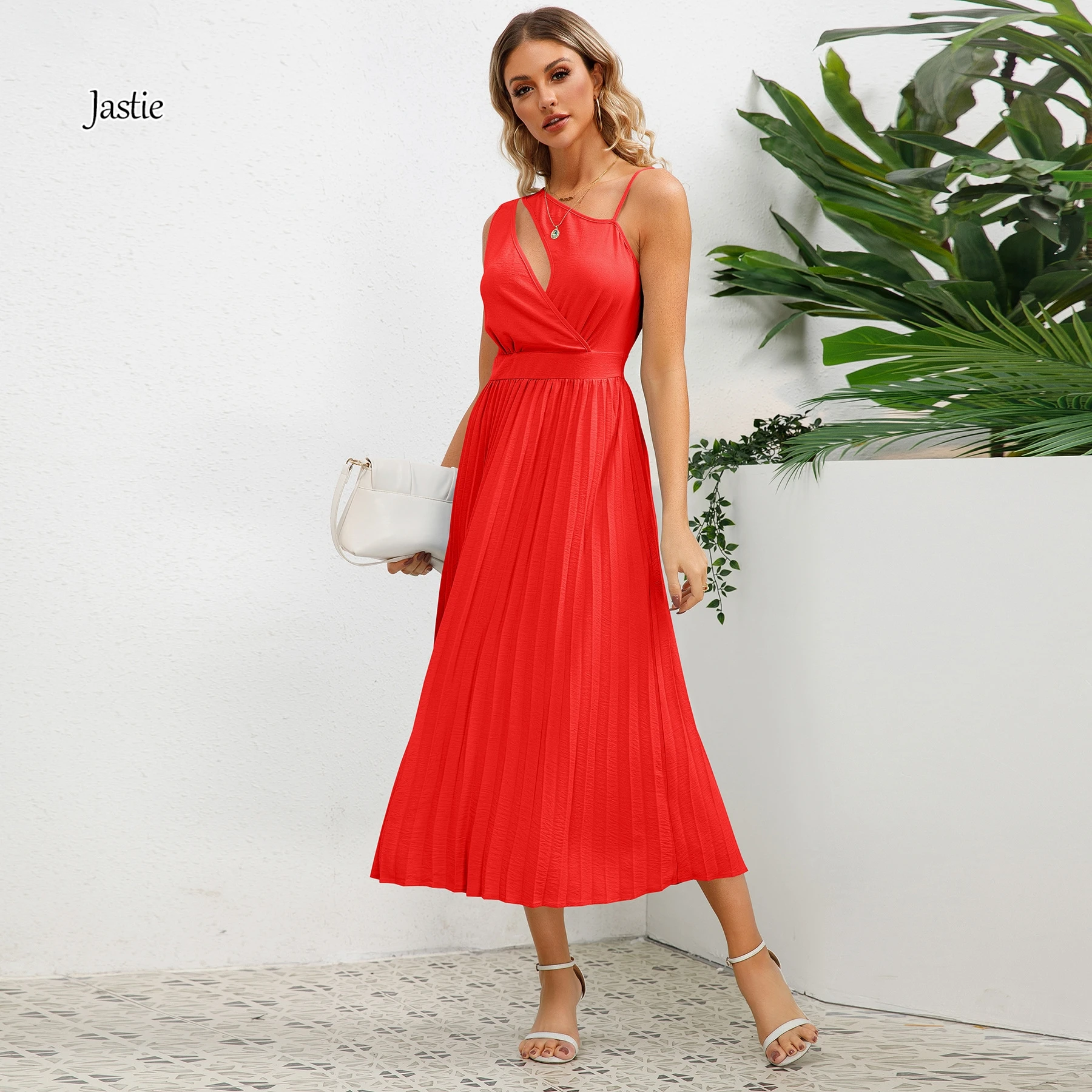 

Jastie Sexy Slim Fit Mid Length Women's Dresses Solid Fashion Waist Pleated A-line Dress Elegant Evening Party Woman Clothing