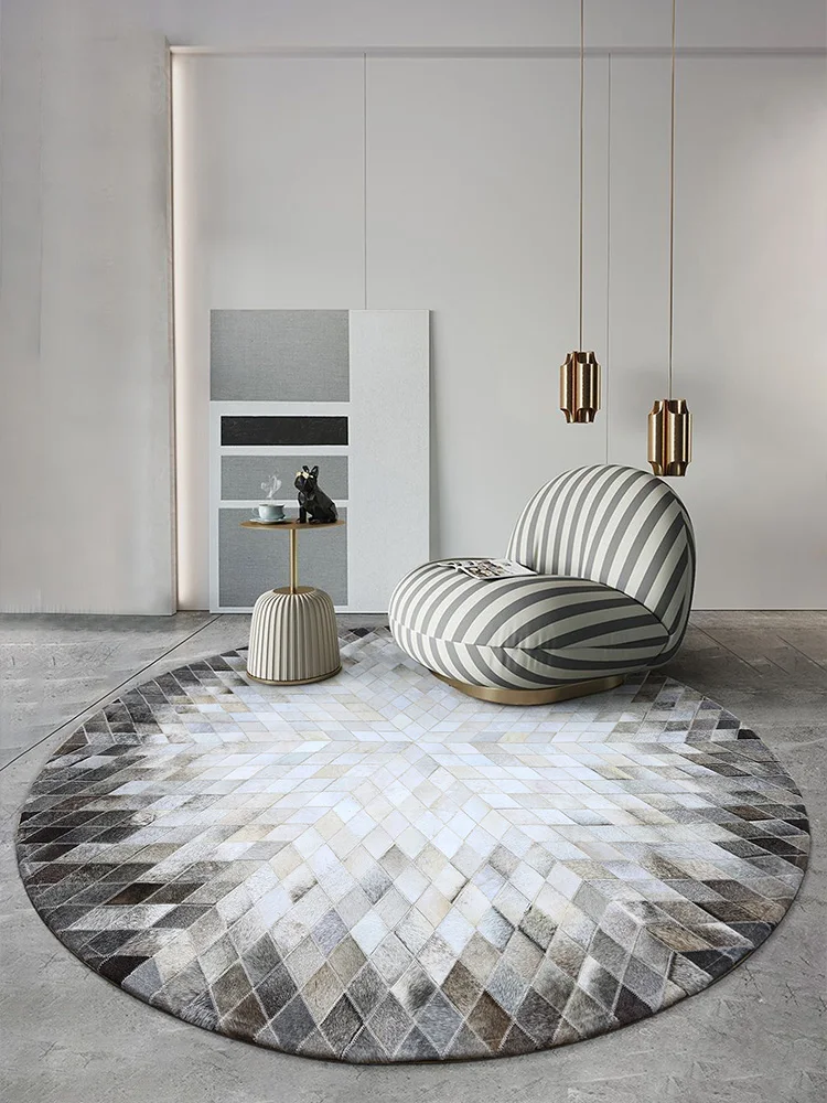 Modern Light Luxury Gray Round Carpet Genuine Cowhide Area Rug Handmade Stitching Mat Nordic Simple Living Room Bedroom Rug Mat