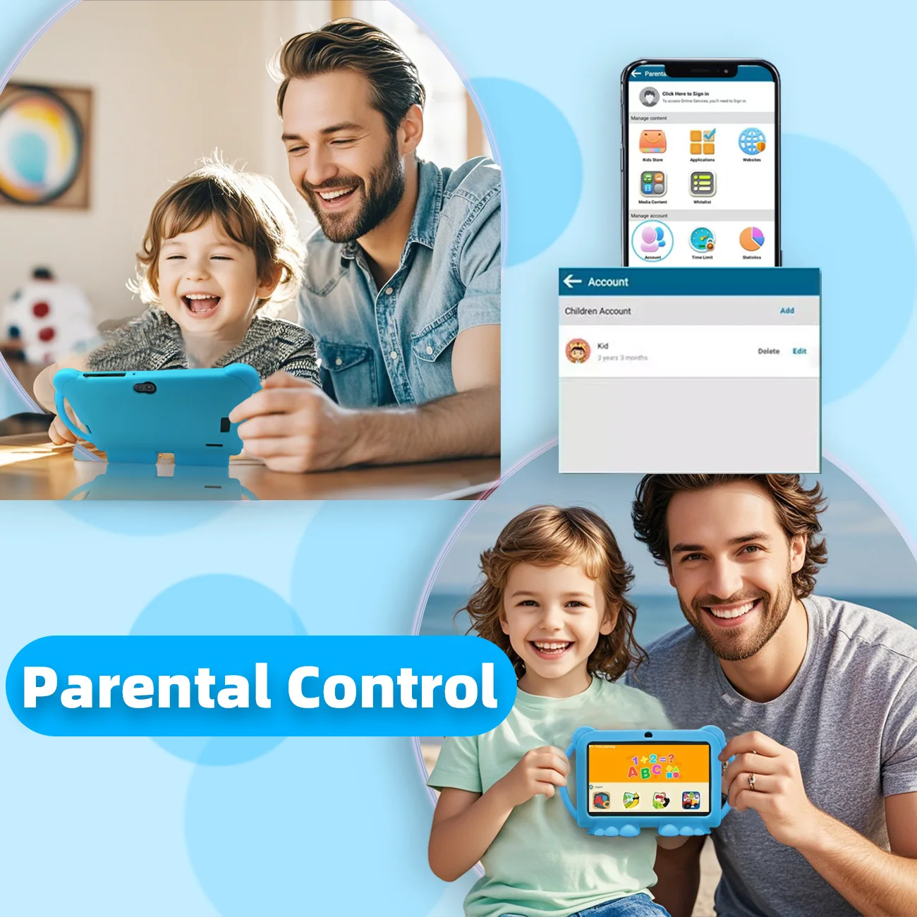 Tablet infantil de 7 polegadas, tablet infantil com controle de pais, câmeras duplas, presentes infantis para o Natal e aniversário. Azul