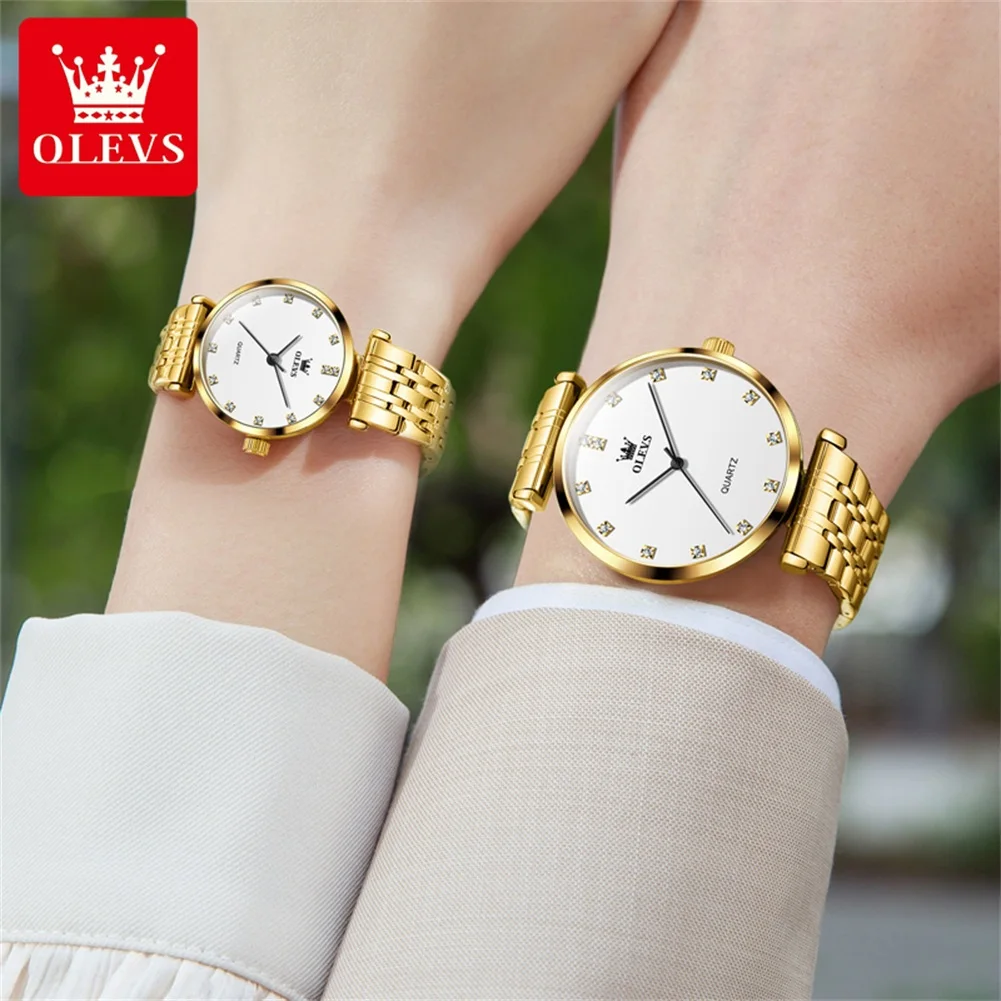 OLEVS Brand 2024 New Fashion Quartz Couple Watch Men Women Luxury Gold Stainless Steel Strap Waterproof Lovers Simple Watches