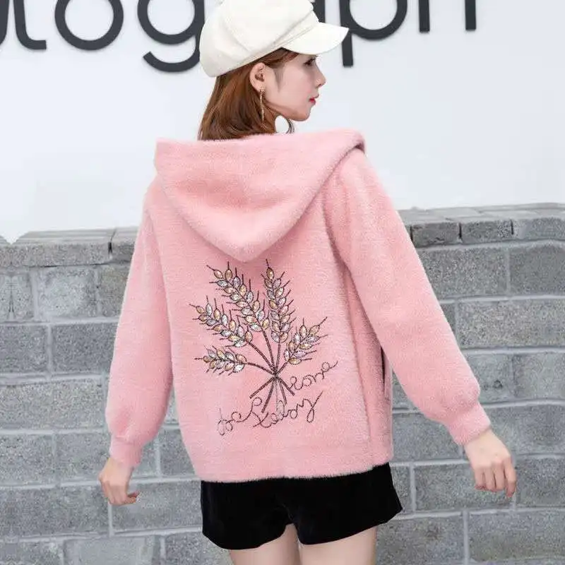 

New 2024 Spring and Autumn Fashion Thickened Hooded Sweater Imitation Mink Fleece Women's Knitted Cardigan Zipper Coat B239