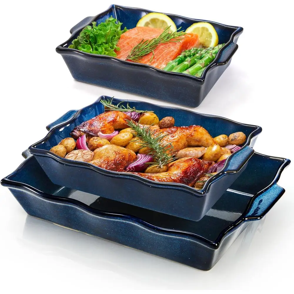 

Blue Ceramic Rectangular Lasagna Pan with Handles, Oven-Safe Casserole Dishes, Porcelain Bakeware Set for Cooking and Serving