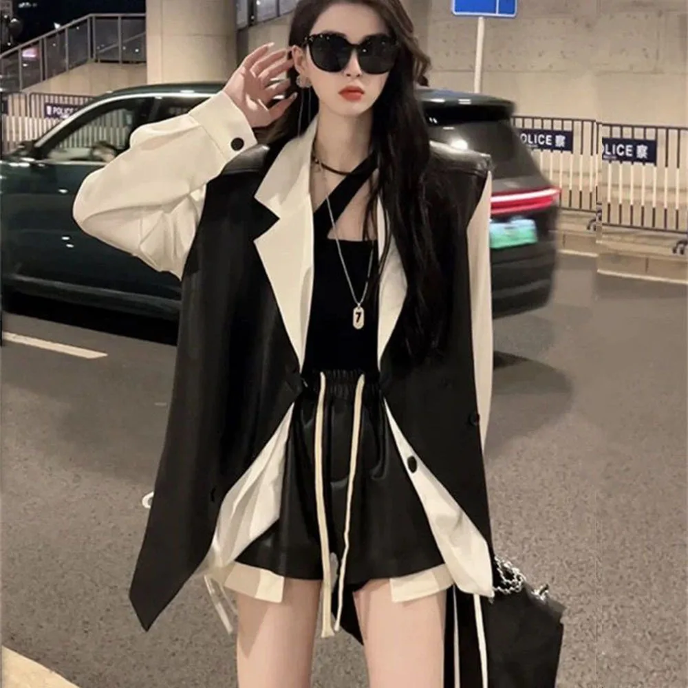 Women Shorts Sets Outfits 2024 Spring Autumn Three Piece Set Vest Jacket +Long Sleeve Shirt + Black Suit Shorts Women's 3pc Suit