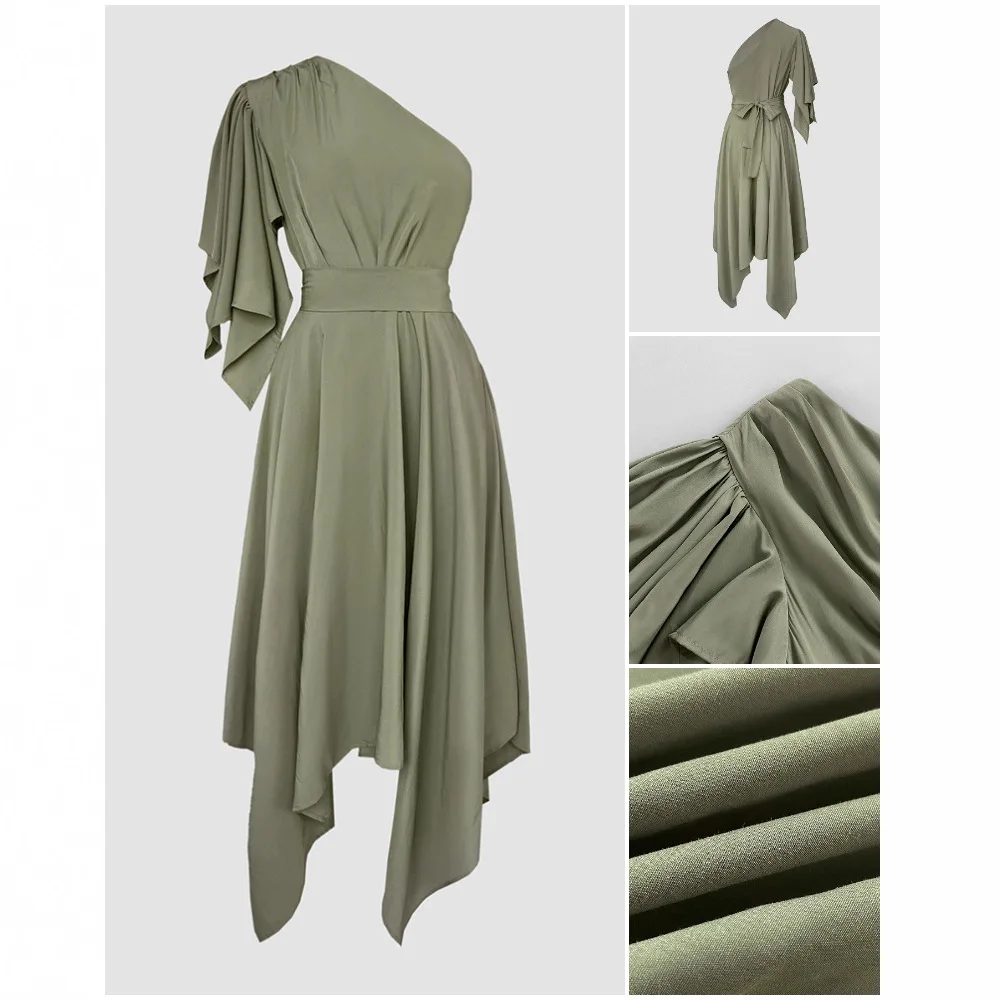 Um ombro assimétrico manga laço vestido de festa casual zíper lateral cintura cinched assimétrica bainha maxi vestido com cinto