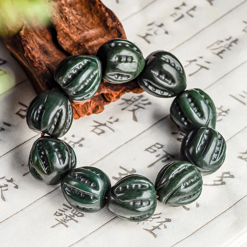 Natural Hotan Jade Ink Jade Walnut Jade Hand String Plate Bead Playing Bracelet Fashion High End Men Charming Jewelry Handwear