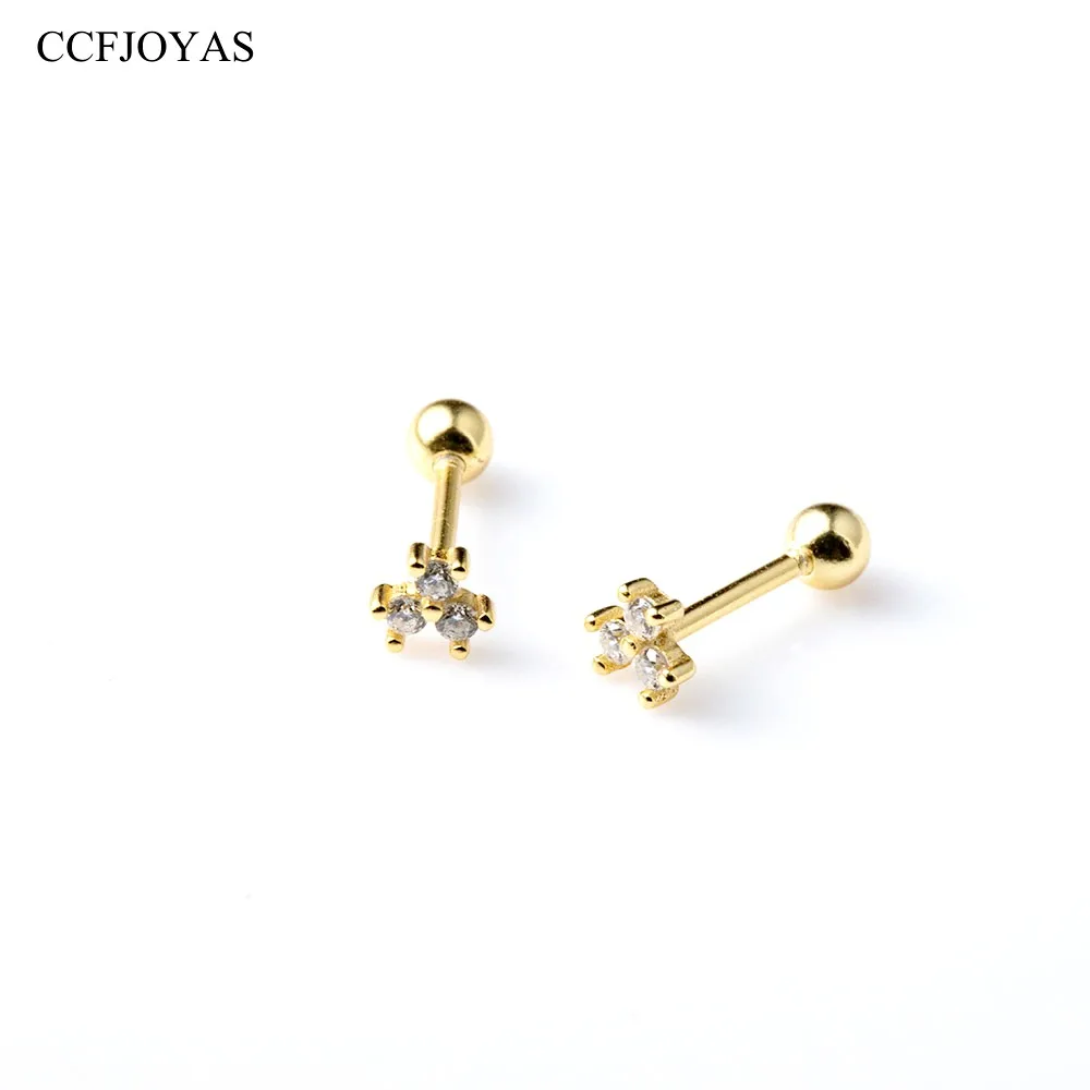 CCFJOYAS 100% 925 Sterling Silver Three Mini Clear Zircon Stud Earrings for Women Sweet Cute Screw Ear Bone Studs Not Allergic