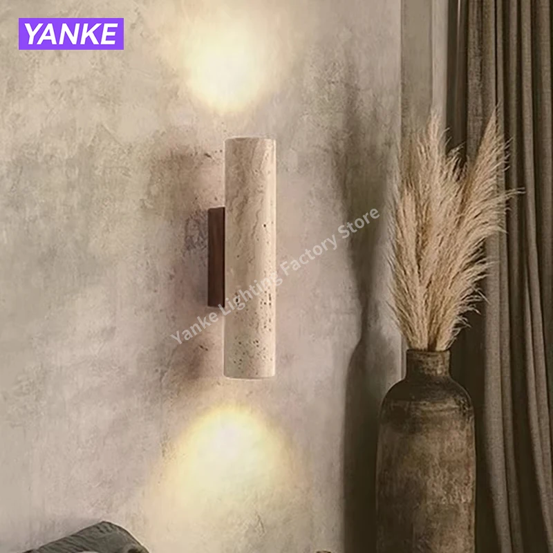 

Yellow Travertine Wall Lamp Vintage Design Wood Stone Sconce Light LED Lighting Fixture Bedroom Living Room Bedside Home Decor